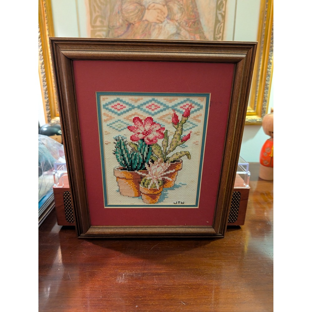 Vintage Framed Cactus Cross Stitch Art Southwestern Desert Decor 11.5 x 9.5